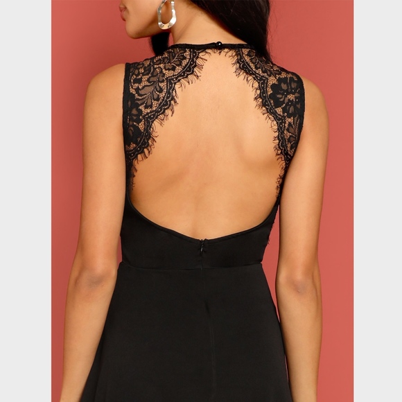 Lace Open Back Skater Mini Dress Black - Picture 4 of 9